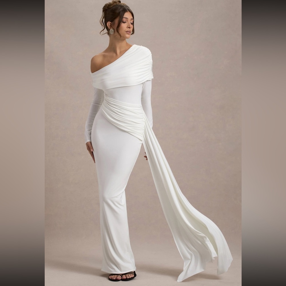 Club L London Asymmetrical Ruched Gown White